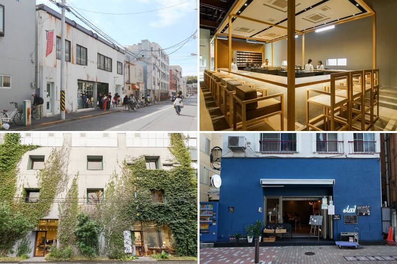 <p><b>左上・</b>1階のカフェをはじめ、さまざまな個性豊かなショップが入居する「fukadaso（フカダソウ）」。（徒歩7分）／<b>右上・</b>コーヒーのフルコースがいただける「KOFFEE MAMEYA Kakeru（コーヒーマメヤカケル）」。非日常のコーヒー体験ができますよ。（徒歩5分）／<b>左下・</b>手仕事を大切にした衣類や小物が並ぶブティック「ババグーリ清澄本店」。（徒歩10分）／<b>右下・</b>ご飯に迷った時はここ「est tokyo uno et001（エストウキョウウーノ）」。和もエスニックもイタリアンも楽しめます。（徒歩9分）</p>