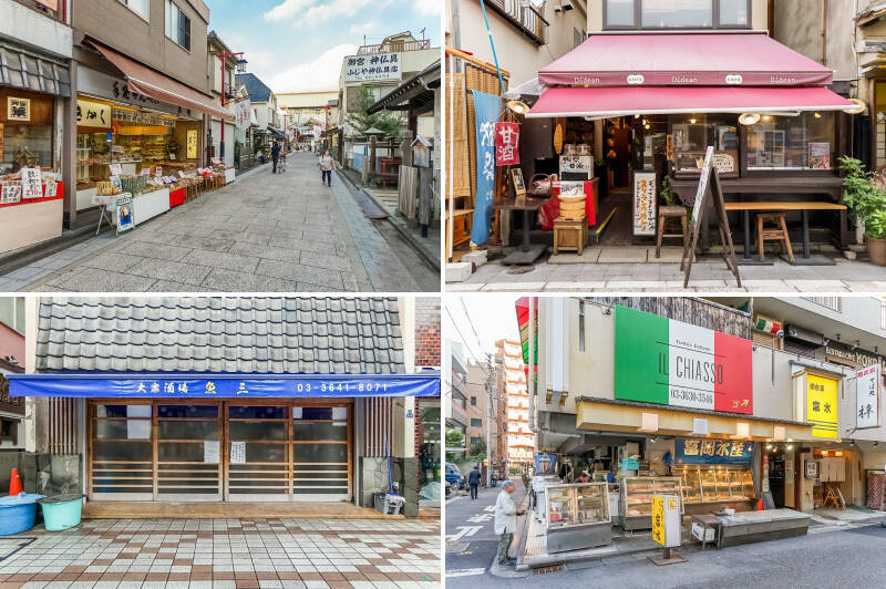 <p><b>左上・</b>「人情深川ご利益通り」には老舗角打ち店やカフェ、昔ながらの商店も軒を連ねています。（徒歩17分）・／<b>右上・</b>「お招き屋・Didean（ディデアン）」は体に優しい薬膳料理が名物。（徒歩15分）／<b>左下・“</b>門仲” ではおなじみの大衆居酒屋「魚三酒場 富岡店」。行列必至の人気店です。（徒歩17分）／<b>右下・</b>魚屋さんが経営する食堂「富水」。新鮮なお魚を使った料理を召し上がれ。（徒歩17分）</p>