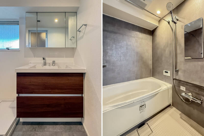 <b>左・</b>洗面台の横には洗濯機置き場を配置。窓があり換気もしやすそう。写真には写っていませんが、洗面室には可動棚が備わっています。／<b>右・</b>1317サイズのユニットバスは、浴室乾燥機と追い焚き機能付き。