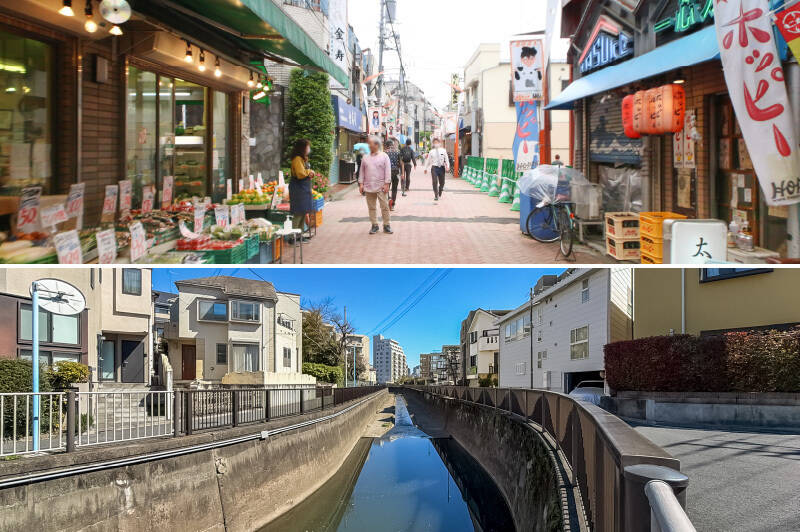 <b>上・</b>「方南町」駅から物件までの道のりは、風情のある「方南銀座商店街」を通って。駅周辺には、さまざまなジャンルの振興組合に加盟する約160店舗が集まっています。／<b>下・</b>物件のすぐ近くにある神田川沿いは、愛犬との散歩コースにもおすすめ◎