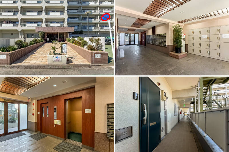 <b>左上・</b>エントランスアプローチはフラットで、段差はありません。左右には平置きの駐車場が配置されています。／<b>右上・</b>エントランスホールには管理人室があるほか、宅配ボックスも完備。／<b>左下・</b>エレベーターは全部で3基。／<b>右下・</b>住戸は6階に所在。2018年の大規模修繕時に玄関扉が交換されています。