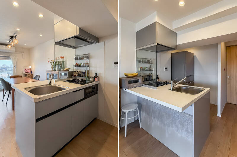 対面式のキッチンは、お料理をしながら会話がはずみそうです。コンロ前にはクリアの油はねガード付きで、汚れを防ぎながら景色も楽しめます。