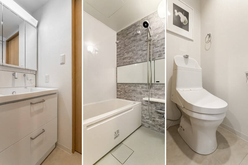 <b>左・</b>白を基調とした洗面化粧台。ワイドな引き出しで、大きなものでも収納しやすそう。／<b>中央・</b>浴室乾燥機付きのバスルーム。サイズは1216です。／<b>右・</b>トイレは洗面室からアクセスします。