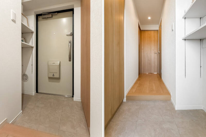 玄関横には扉付きのシューズボックスのほか、くぼんだスペースに可動棚も備わっています。荷物もしっかり収まり、玄関まわりを広く使えそうですね。