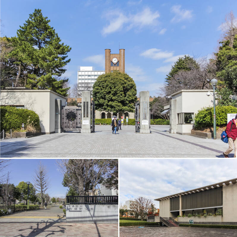 <b>上・</b>「東京大学 駒場キャンパス」は、屋外エリアであれば一般の方も出入り自由。公園感覚でジョギングする人や、犬を連れて歩く人の姿も珍しくありません。（徒歩12分）。／<b>左下・</b>お花見やバーベキューも楽しめる「駒場野公園」入口までは徒歩5分。／<b>右下・</b>静かな環境でゆっくり読書を楽しみたい時は、駒場公園内の「BUNDAN（ブンダン） COFFEE&amp;BEER」を訪れるのがオススメです。（徒歩15分）