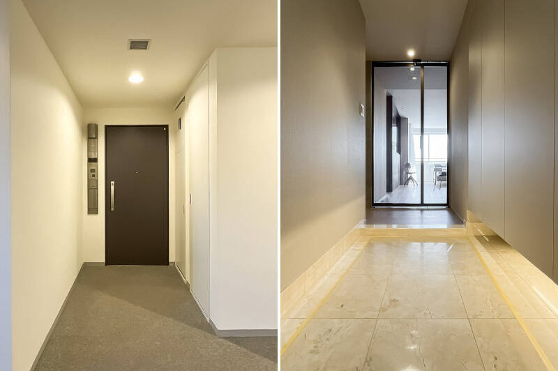 <b>左・</b>住戸の玄関はエレベーターのすぐ隣に位置しています。ドアは共用廊下から奥まった場所に。／<b>右・</b>LDKとの間にはガラス戸が採用され、入室と同時に光に包まれます。下足入れは壁と一体化した美しいデザイン。
