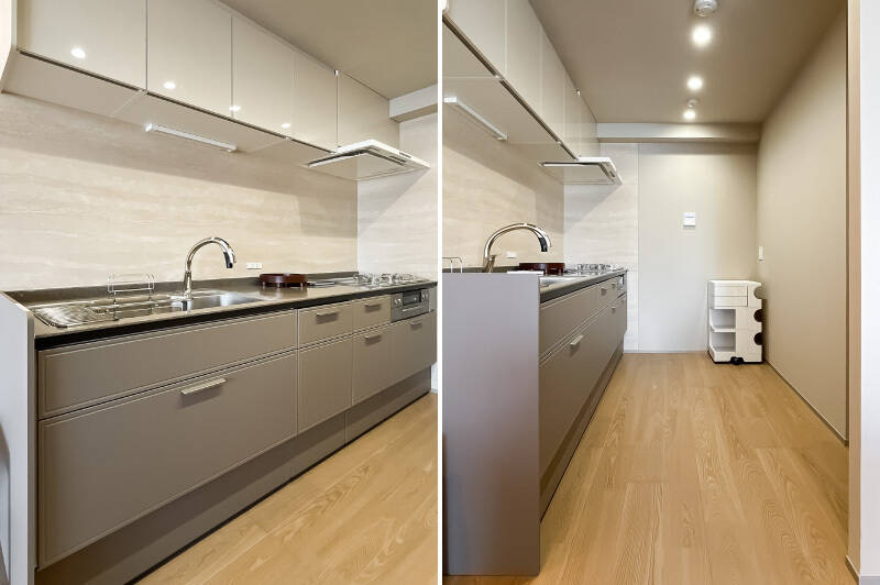 キッチンだけで約4帖。引き出しと一体化している食洗機を完備しています。背面には大型のカップボードを置いていただけそう。