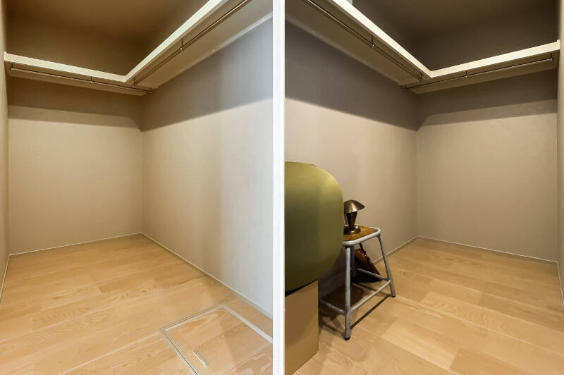 左右それぞれにウォークインクローゼット（WIC）が付いています。2名別々でお洋服をしまったり、片側を納戸として使うことも可能です。