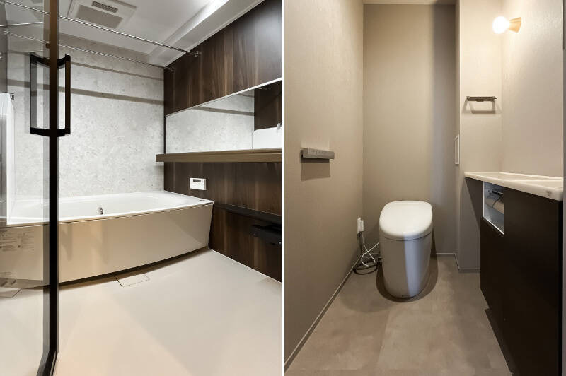 <b>左・</b>ゆったりとしたユニットバス。大型犬を飼われる場合、洗い場が広いのはありがたいですね。／<b>右・</b>トイレもゆったり。手洗いカウンターが付いています。