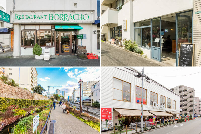 <b>左上・</b>淡島通り沿いには美味しい名店がたくさん。こちらは地元の方々から長く愛されている老舗イタリアンの「ボラーチョ」。（徒歩13分）／<b>右上・</b>店内ペット同伴OKな「ANEA CAFE（アネアカフェ）松見坂」。目にも美しいパフェをぜひ楽しんでくださいね。（徒歩13分）／<b>左下・</b>マンションの南側には「目黒川緑道」が走っています。四季折々の草花を楽しみながら、池尻や三宿方面を訪れてみてはいかがでしょうか。（徒歩7分）／<b>右下・</b>お買い物は「オオゼキ 池尻店」（徒歩10分）や「オーケー 池尻大橋店」（徒歩10分）を利用するのがオススメです。