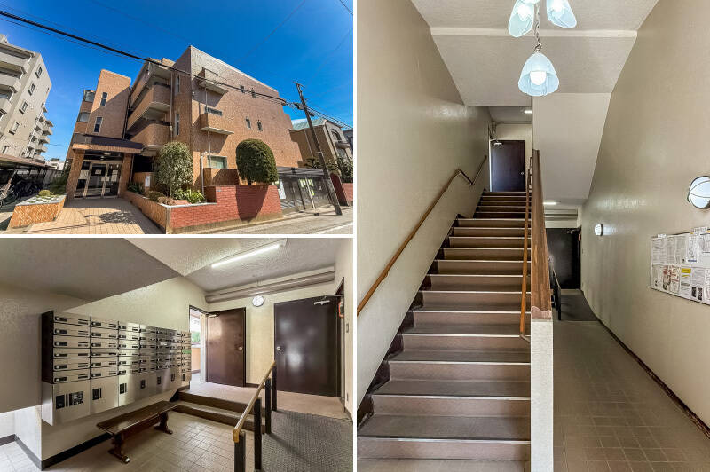 1978年築、全43戸、タイル張りの外観です。2024年に新規交換された集合ポストは、うれしいことに宅配ボックスも付いていますよ！ エントランスから住戸がある3階までは階段でアクセス。