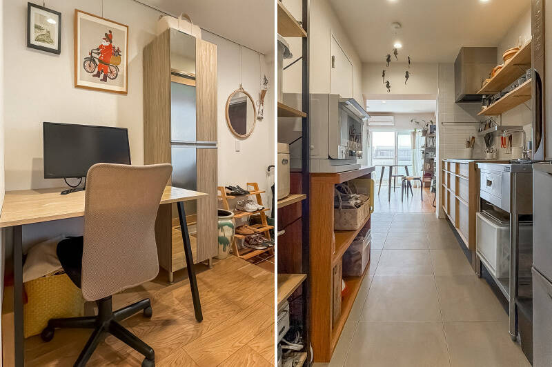 <b>左・</b>売主さまは下足入れ横をワークスペースとして活用していらっしゃいます。天井にピクチャーレールがあるのも見逃せないポイント。／<b>右・</b>ガラス入りの扉を開けると、奥から自然光が！