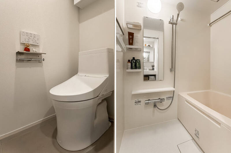 <b>左・</b>洗面スペースと袖壁で隔てられたトイレ。／<b>右・</b>リラックスできるよう、バスタブには温かみのある色をセレクトしたのだとか。