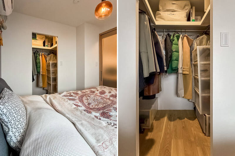 門型開口の中はコの字に枕棚とハンガーパイプが付いたウォークインクローゼット（WIC）。