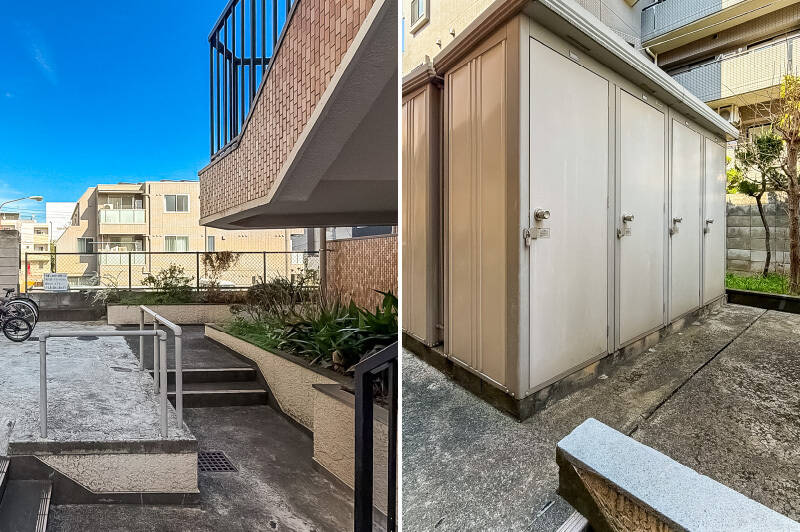 <b>左・</b>エントランスの側面を奥に進むと、ご覧のように開けたスペースが。／<b>右・</b>駐輪場の横にずらっとトランクルームが並んでいます。こちらを1区画、無償でお使いいただけます！