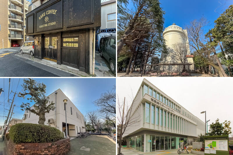 <b>左上・</b>売主さまお気に入りのカフェ「RAKU creator’s coffee studio（ラク クリエイターズ コーヒー スタジオ）」。マンションから徒歩1分なので、いつの間にか常連になってしまいそう。／<b>右上・</b>ノスタルジックな雰囲気満点の「野方配水塔」。麓には「みずのとう公園」がありますよ。（徒歩4分）／<b>左下・</b>「西落合図書館」の横にも「西落合北公園」が。（徒歩7分）／<b>右下・</b>妙正寺川沿いをジョギングするのもいいですが、たまには「南長崎スポーツセンター」のプールで泳いだり、ジムで体を鍛えるのもいいですね。（徒歩9分）