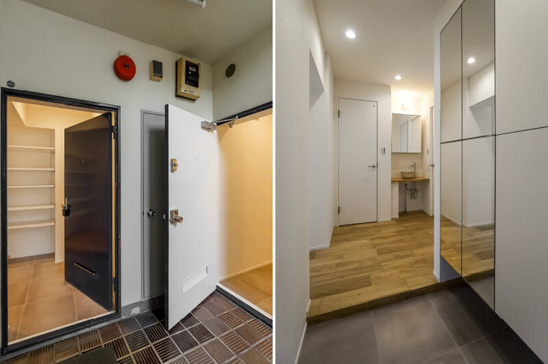 <b>左・</b>こちらの物件には、なんと玄関がふたつあります（写真は分かりやすくするため扉を開けた状態）。まずはプライベート空間へつながる右側の玄関へ入りましょう。／<b>右・</b>ミラー付きシューズボックスの奥に、手洗い台とトイレその1が。帰宅後すぐに手洗いできて衛生的ですね◎