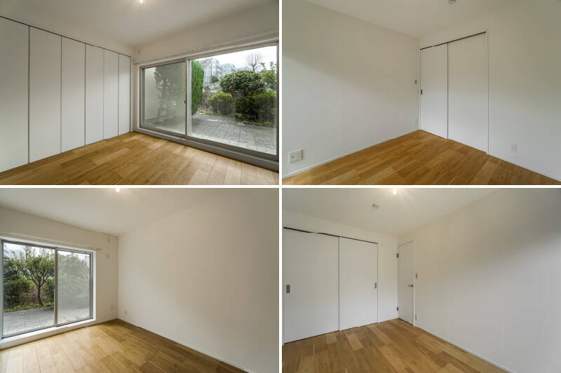 <b>上・</b>約5.1帖の洋室Ａ。専用庭に面した大きな掃き出し窓があり、開放感たっぷりの空間です。壁一面のクローゼットも頼もしいですね。／<b>下・</b>約5.2帖の洋室Ｂ。引き戸を開けると、奥行きの深い収納が備わっています。