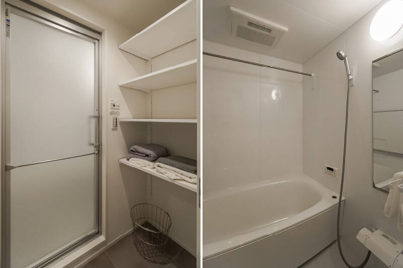 バスルームは1416サイズ。壁面マグネット仕様なので、自由に棚などをカスタマイズ可能です。また、特筆したいのはしっかりと独立した脱衣室が設けられているところ！ 洗面室の渋滞が起こらないので、気兼ねなく浴後の余韻を楽しめます。