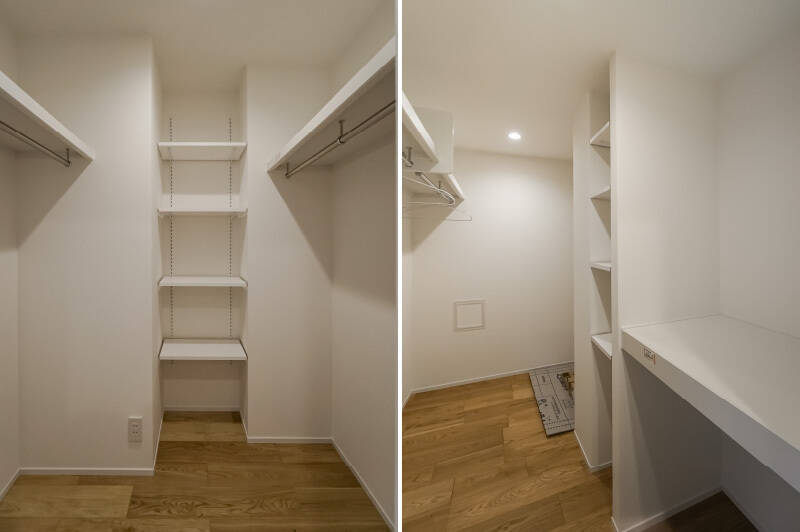 これまで見てきたどのスペースにも収納が確保されているにもかかわらず……なんと、それらとは別に、ウォークインクローゼット（WIC）がふたつも備わっているんです（左と右は別々のWICです）！ この収納の多さ、ハンパじゃありません。