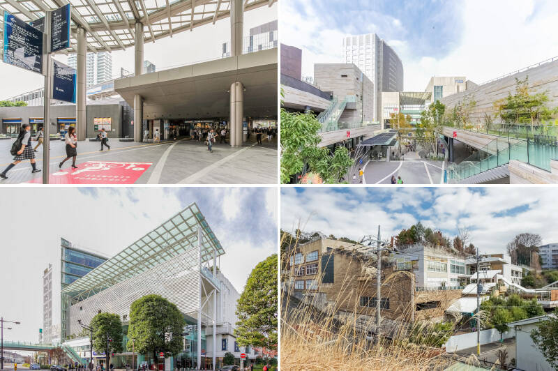 <b>左上・</b>東急田園都市線・大井町線「二子玉川」駅は、「渋谷」まで急行で約13分。「自由が丘」まで約6分、「大井町」も約19分でアクセス可能です。どこへ行くのにも便利さを実感できそう。／<b>右上・</b>駅隣接の商業施設「二子玉川rise」にはショッピング施設や映画館などが揃っています。車の危険がなく安心な上、キッズスペースや広場があちこちにあるので、とてもファミリーフレンドリーなお出かけ先と言えそう◎（徒歩10分）／<b>左下・</b>駅前の「玉川高島屋S・C」もこの街のシンボルのような存在。土日になるとたくさんの家族連れで賑わいます。（徒歩7分）／<b>右下・</b>物件南側のほぼお隣には「玉川高島屋S・Cガーデンアイランド」の跡地が。2024年に閉業しており、寂しいような、おかげで静かなような？ 今後はマンションの建築計画があるそうなので、動向が気になるところです。