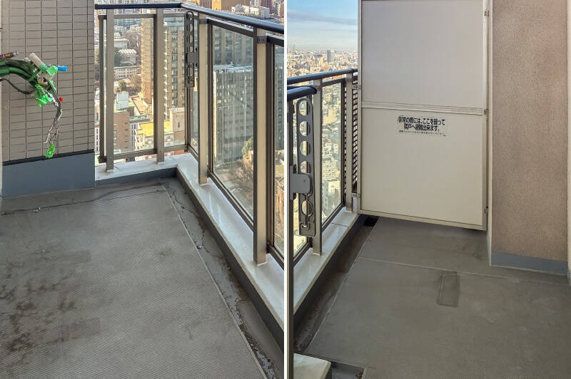 南西向きのバルコニーよりも幅があります。物干し金具が備わっているため、洗濯物を干すときはこちらを使うのがよさそうです。