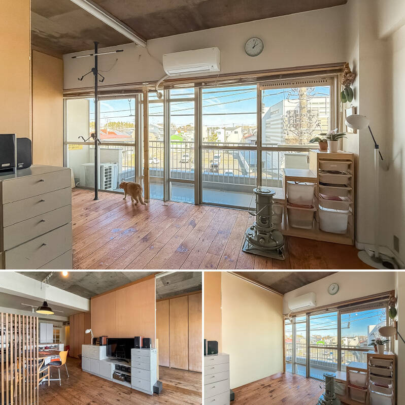 LDKの一部はロールスクリーンで仕切ることが可能。普段は開けて開放感を楽しみ、必要に応じて閉めて使うのがおすすめです。扉がある個室が必要であれば、壁を建てる追加工事もできますよ。