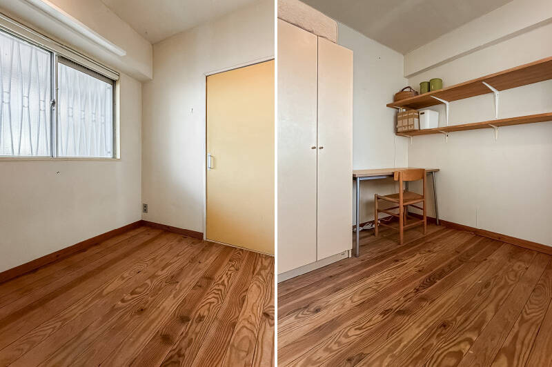 窓は共用廊下に面した北西向き。扉を開けて正面には、オープン棚が2段備わっています。