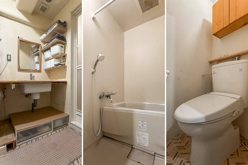 <b>左・</b>パイン材の天板の洗面台。梁がアール加工になっているのがかわいい♡／<b>中央・</b>シンプルな浴室。／<b>右・</b>収納付きのトイレ。