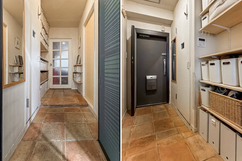 LDKの扉はガラス入りで、玄関まで日差しが届きそう！ 玄関横の扉の中はパイプスペースのようになっています。