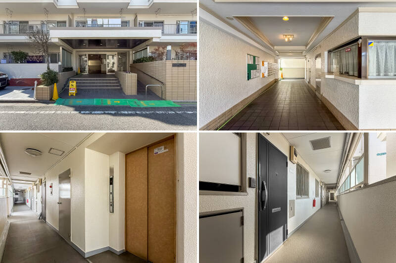 <b>左上・</b>エントランスにはスロープがあるので、スーツケースがある時にも安心です。／<b>右上・</b>共用ロビーにある管理人室には、月〜金曜日の8:00〜16:00、土曜日の8:00〜13:00に管理人さんが勤務されています。／<b>左下・</b>エレベーターと共用廊下。／<b>右下・</b>玄関扉も交換工事済みで、ダブルロックタイプです。