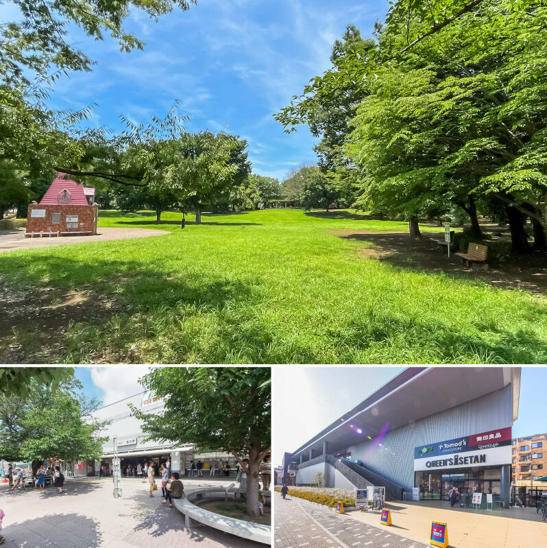 <b>上・</b>ペットと一緒にお散歩が楽しめる「祖師谷公園」。園内に仙川が流れており、四季をたっぷり感じることができますよ。（徒歩9分）／<b>左下・</b>京王線の「仙川」駅前には、バスロータリーと再開発時に住民の署名によって守られた名物の桜の木があります。駅前がピンク色に染まる季節は、夜にはライトアップもされ、圧巻の美しさです。（徒歩12分）／<b>右下・</b>「クイーンズ伊勢丹 仙川店」では、調布の農家さんの野菜が安く手に入るそう。（徒歩10分）