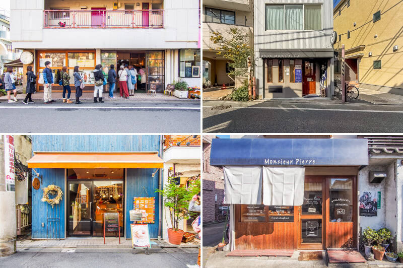 <b>左上・</b>わざわざ遠方から訪れるファンもいるほど人気のあるパン屋さん「AOSAN（アオサン）仙川店」は平日でもこの行列！ 焼きたてパンをいただけるのはご近所の醍醐味ですね。（徒歩13分）／<b>右上・</b>「手打ちうどん 麦ヶ丘」は、「足踏み・手打ち」の麺が特徴。弾力あるモチモチ食感と出汁が染みる名店です。（徒歩5分）／<b>左下・</b>安心材料にこだわった「ドーナツ工房 レポロ」はおやつにぴったり。季節ごとにメニューが変わり、飽きることなく楽しめます。（徒歩11分）／<b>右下・</b>ハード系のパンだけじゃなく、あんパンやクリームパンなどの菓子パンも侮れないと人気の「Monsieur Pierre(ムッシュ ピエール)」（徒歩4分）