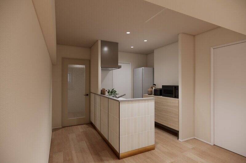 キッチンの腰壁には縦長のタイルがあしらわれ可愛らしい印象。カウカモのオリジナル仕様です。