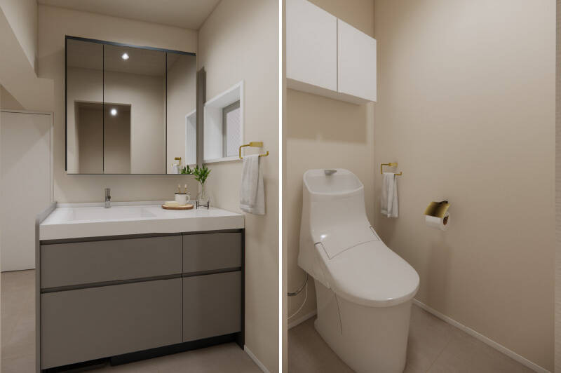 <b><b>左・</b></b>洗面台はグレートーンで落ち着いたデザイン。こちらもカウカモオリジナル仕様です。四角い小窓がなんだか可愛いですね。／<b><b>右・</b></b>トイレは廊下側に独立。吊り戸棚付きです。