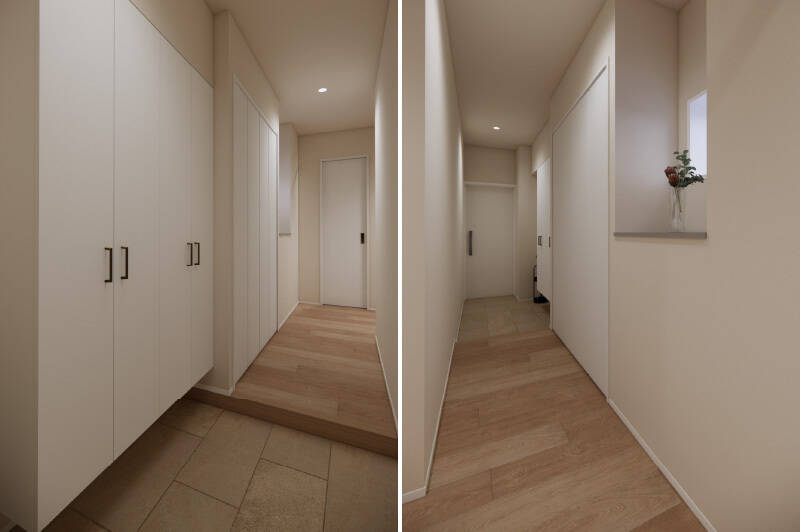 玄関〜LDKまでの廊下には、下足入れのほかにも折れ戸2枚分の収納とニッチスペースを用意。小窓のあるニッチには、オブジェを置いてもサマになりそう。