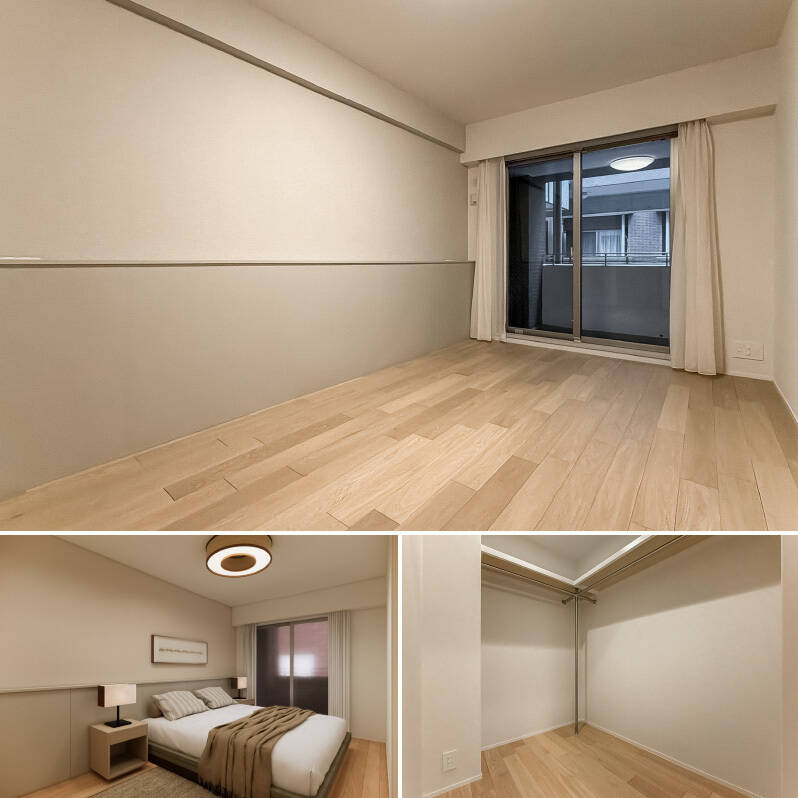 洋室Aは南東向きのバルコニー付き。ダブルベットも余裕を持って配置できそうな広さです。引き戸タイプの大型ウォークインクローゼット（WIC）が備わっていますよ。（左下・GCイメージ）