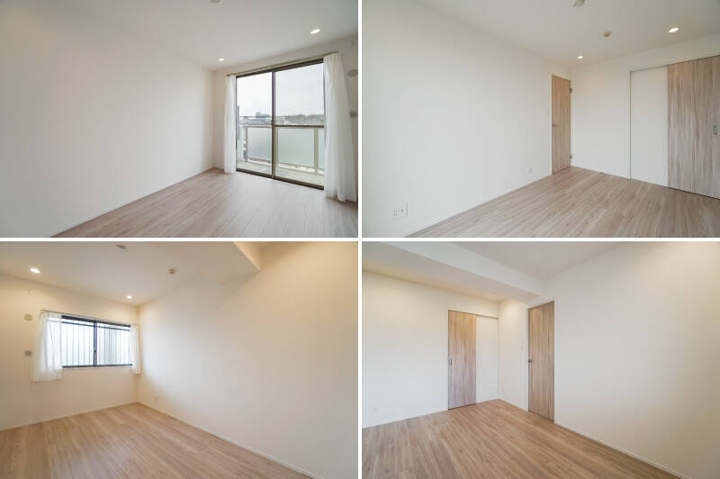 <b>上・</b>リビングの隣に位置している、約6帖の洋室A。バルコニーに面した南西向きの窓があり、収納は小ぶりなウォークインクローゼット(WIC)が用意されています。/<b>下・</b>洋室Bは約6.6帖のゆとりある広さです。窓は北東向きで共用廊下に面しており、洋室Aと同じサイズ感のWICが備わっています。