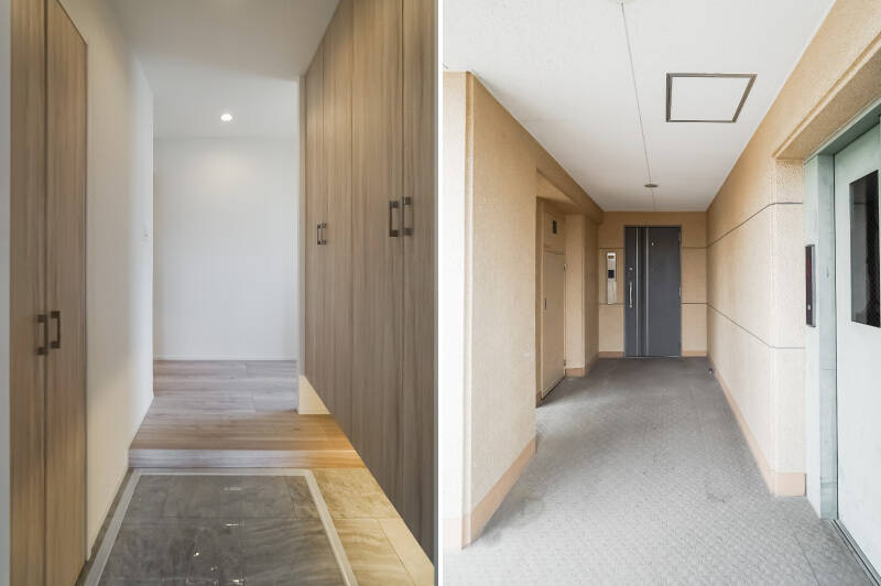 <b>左・</b>玄関はやや横幅がタイトですが、両サイドに収納がたっぷりとあるのですっきりと使えそう。/<b>右・</b>こちらがご紹介の住戸の玄関扉。4階でエレベーターを下りてすぐの場所に位置しています。