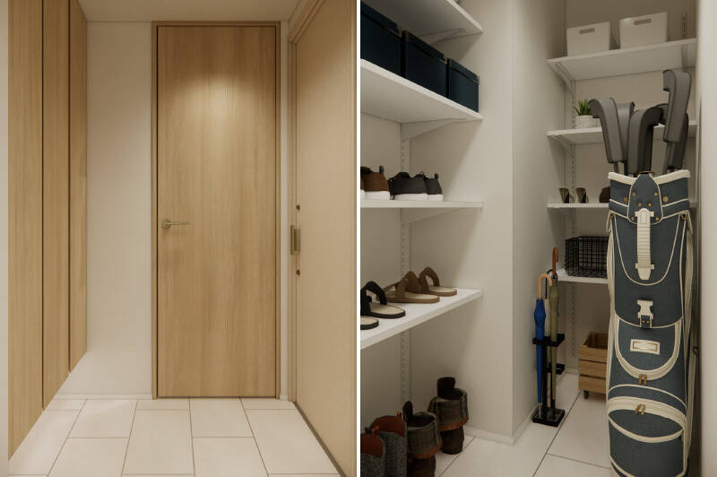 玄関正面にはシューズボックス、右手の扉にはシューズインクローゼット（SIC）があります。靴だけでなく、外で使う重い荷物もすぐここに収納できるのはうれしいポイントですね。