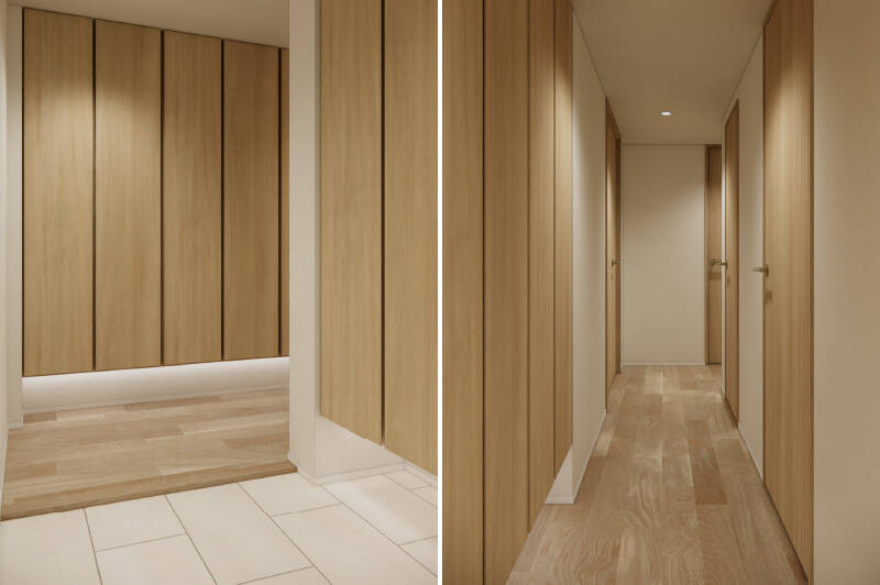 玄関から続く廊下には、収納を設けます。両開き扉3枚分という頼もしいサイズ感で、日用品やストック類もすっきりと収まりそうです。