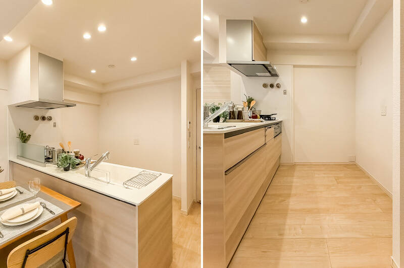 リビングダイニング（LD）で過ごす家族とコミュニケーションが取りやすい対面キッチン。3口コンロと食洗機、浄水器が備わっており、背面には食器棚が置けるゆとりと冷蔵庫置き場も。