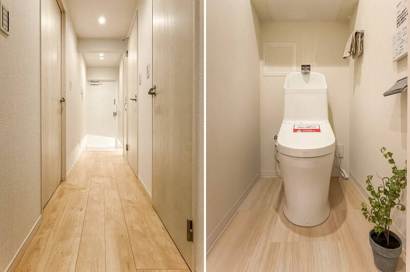 <b><b>左・</b></b>廊下沿いには、洋室Bと水まわりが。／<b><b>右・</b></b>トイレは独立タイプ。吊り戸棚付きです。