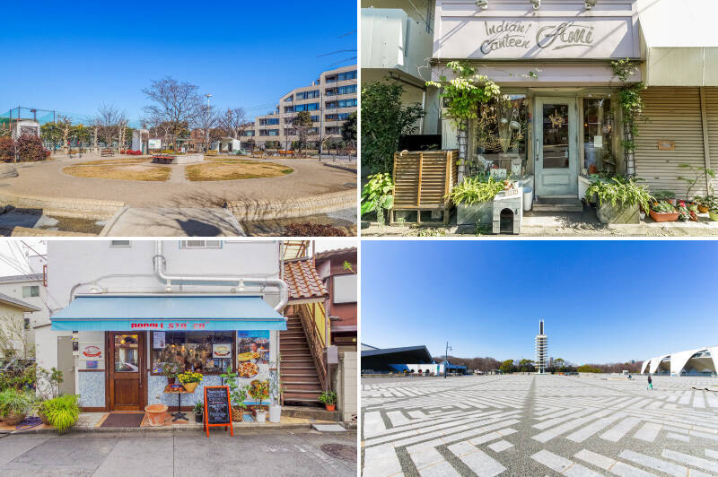 <b>左上・</b>こちらがマンションに隣接する「世田谷区立小泉公園」。フットサル場や子ども用の遊具も整備されています。（徒歩1分）／<b>右上・</b>カレー好きの方も注目する「Indian canteen AMI（インディアン キャンティーン アミ）」。本場インドの味が楽しめますよ！（徒歩2分）／<b>左下・</b>予約も取材も絶えない人気ピッツェリア「Pizzeria da peppe NAPOLI STA' CA"（ピッツェリア ダ ペッペ ナポリスタカ） 駒沢店」。“これぞナポリ！ ” という本場の味と雰囲気が楽しめます。（徒歩10分）／<b>右下・</b>「駒沢オリンピック公園」までは物件から徒歩23分。定期的にフリーマーケットが開催されているので、ご家族で出店してみるのもいいカモ……！