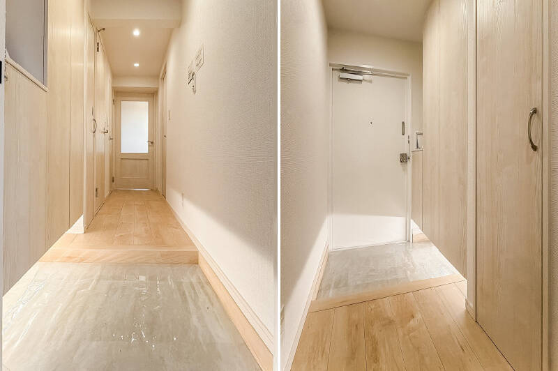 玄関には、間接照明が仕込まれたトールタイプの下足入れが用意されています。その隣にも収納があり、玄関周りはすっきりと保てそう。