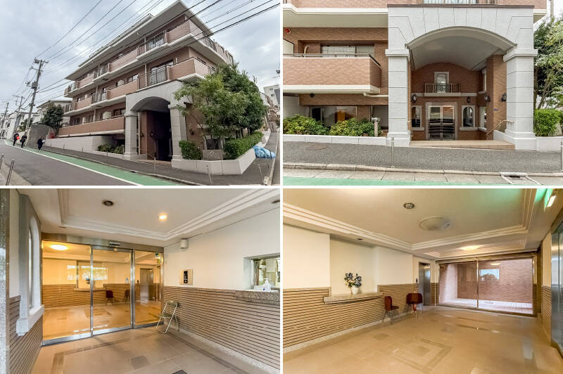 1996年竣工、総戸数25戸。エントランスアプローチには階段があり、その先にオートロック付きのエントランスと管理人室があります。