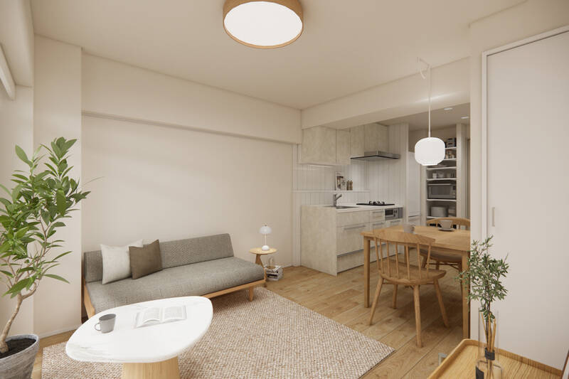 床材には温もりを感じる突板のフローリングを、キッチンまわりには洗練された印象のモルタル調やシルバーを取り入れています。