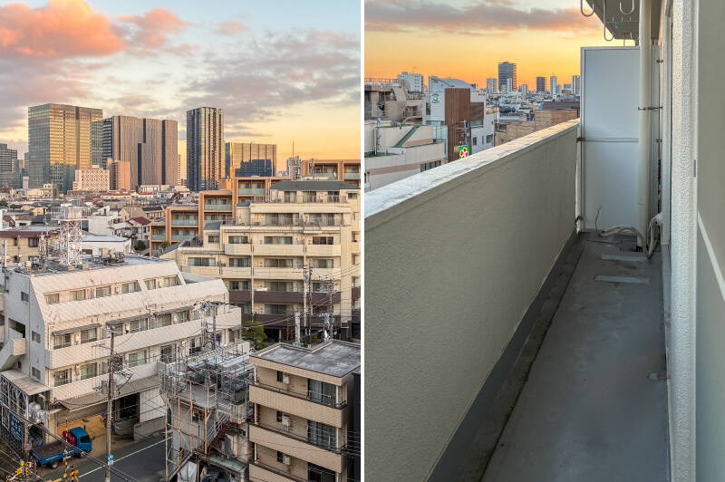 南東向きのバルコニーからは、抜けのある眺望を楽しめます。撮影時は夕暮れどきで、ビルの向こうに広がる夕焼けがきれいですね。