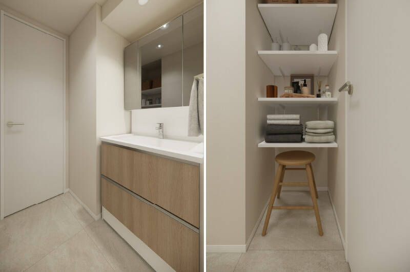 ナチュラルなトーンでまとめた洗面室。背面には、スキンケア用品などをきれいに整頓できる可動棚を設置します。