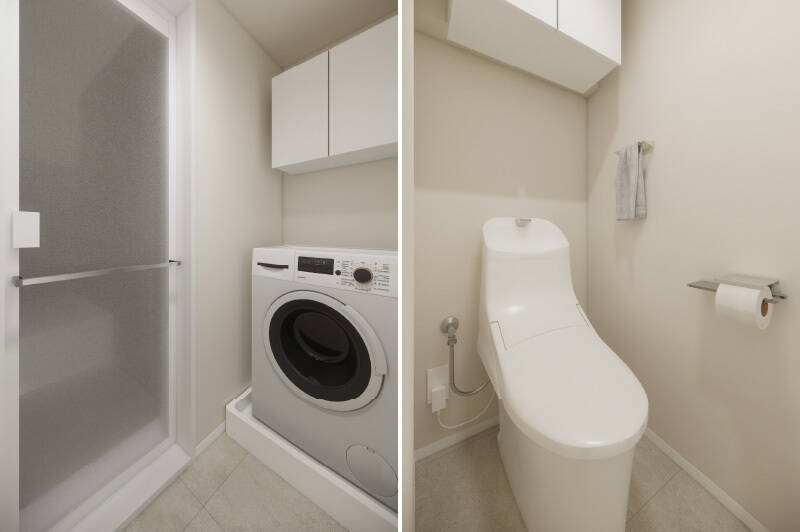 <b>左・</b>浴室扉近くには、ドラム式も置ける洗濯機置き場を設けます。/<b>右・</b>トイレは廊下からアクセスする間取りです。